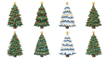Eight decorated Christmas trees with stars and lights on transparent background isolated on a transparent background