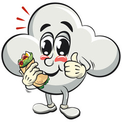 cute cloud cartoon mascot character vector illustration have a burritos while giving thumbs up, work of hand drawn