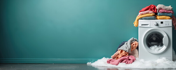 Modern washing machine overflows with colorful clothes, abundant suds. Wet laundry spills onto floor near teal wall. Household appliance creates messy domestic scene, indicating cleaning mishap heavy