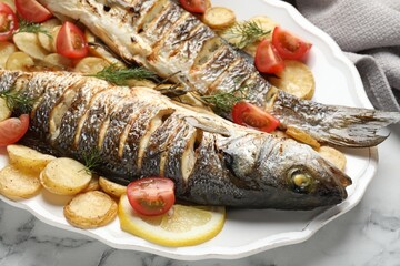 Tasty roasted seabass fish served with potatoes, tomatoes and lemon on white marble table, closeup. Homemade seafood dish
