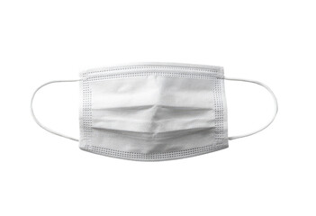 A single white disposable face mask, viewed from above.  The mask has pleated folds, and two ear loops