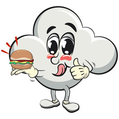 cute cloud cartoon mascot character vector illustration carrying a burger while giving a thumbs up, work of hand drawn