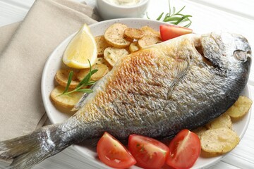 Tasty roasted dorado fish served with vegetables and sauce on white wooden table, closeup. Homemade seafood dish