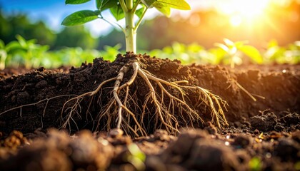 Life's Foundation: A seedling's roots anchor deep within rich soil, illuminated by the golden sun, symbolizing growth and resilience.