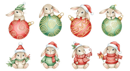 Eight watercolor bunnies wearing Christmas hats and sweaters with festive ornaments isolated on a transparent background
