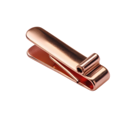 Rose gold money clip.  A compact, rectangular money clip.  Features a smooth, brushed rose gold finish.  A small, rounded projection is visible