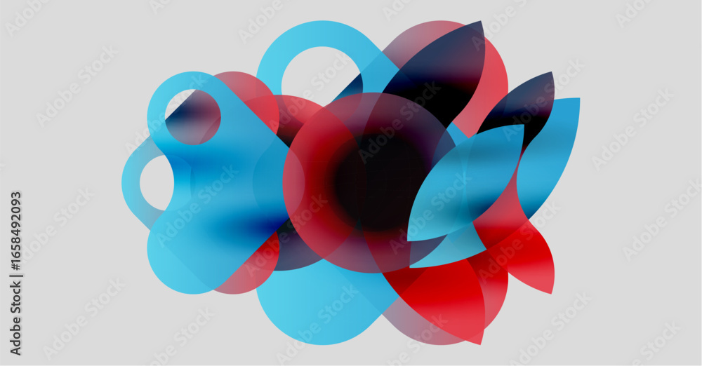 Poster abstract composition. overlapping circles, red and blue hues create dynamic visual effect. soft grad