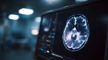 Close up of a brain scan displayed on a medical monitor