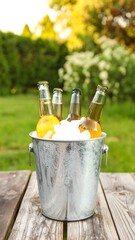 Iced beer bottles in a bucket outdoors