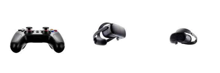 Black game controller and V R headsets isolated on a transparent background