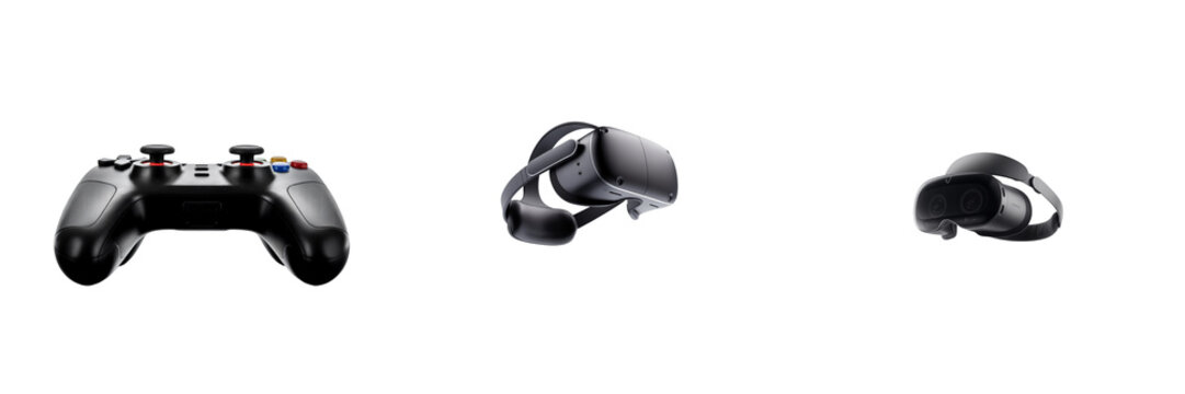 Black game controller and V R headsets isolated on a transparent background