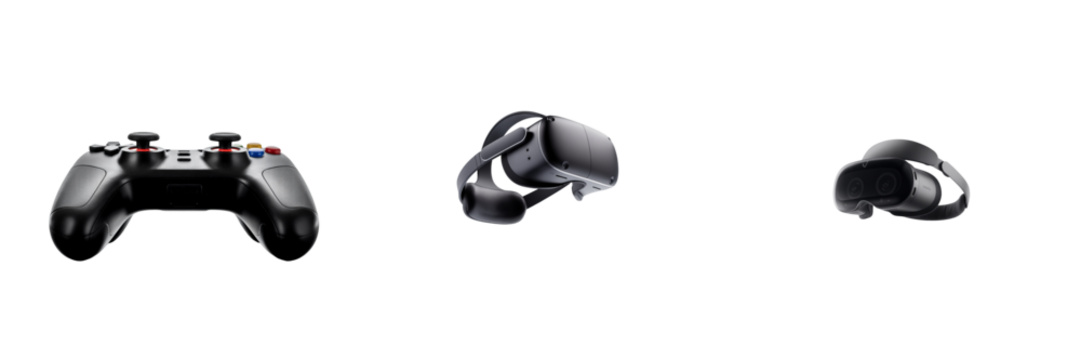 Black game controller and V R headsets isolated on a transparent background