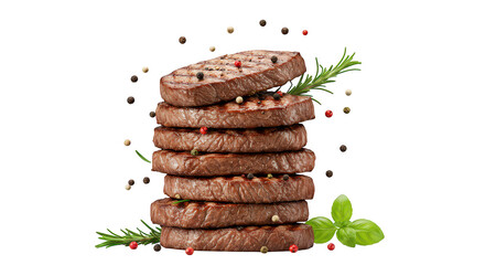 Stack of delicious grilled beef steaks seasoned with herbs and peppercorns ready to serve transparent background