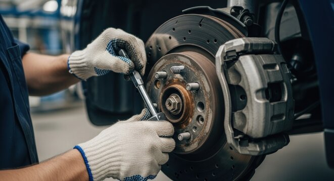 Mechanic adjusting brake rotor with wrench, gloved hands, close-up detail