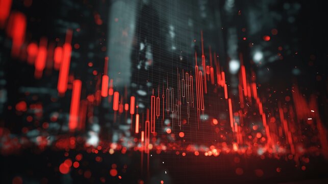 Dynamic visualization of stock market crash with red declining charts and digital data points, conveying sense of urgency and financial instability - Powered by Adobe