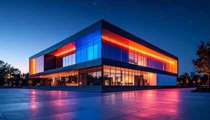 Modern architectural marvel A stunning illuminated building with vibrant colors reflecting on the glossy ground under the twilight sky, creating a captivating urban scene.
