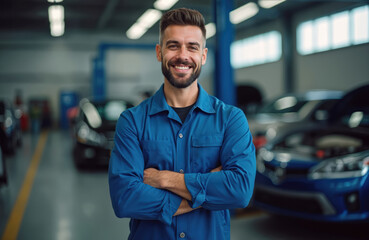 Fototapeta na wymiar Young smiling male auto mechanic in blue uniform, arms crossed, stands in modern garage. Pro technician ready for car inspection, maintenance, repair. Expertise in automotive servicing, engine work.