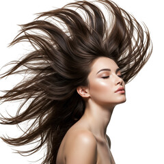 Naklejka premium Woman with long brown hair blowing in wind isolated on transparent background