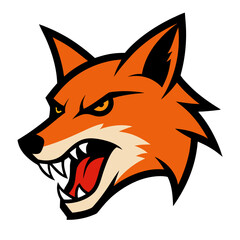 Fierce orange fox head with open mouth and yellow eyes on black background