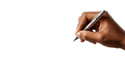 Close-up of a hand holding a silver pen, writing