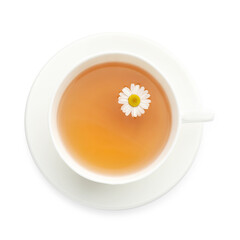 Aromatic tea and chamomile flower in cup isolated on white, top view