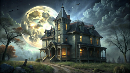 A large old house under a full moon on a spooky night