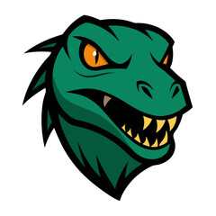 Fierce green dragon head with sharp teeth and orange eyes