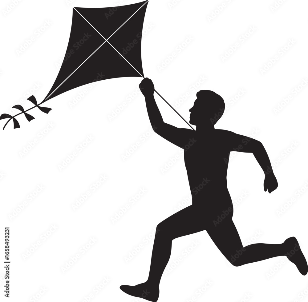 Aufkleber silhouette of a person running with a kite on transparent background for creative projects