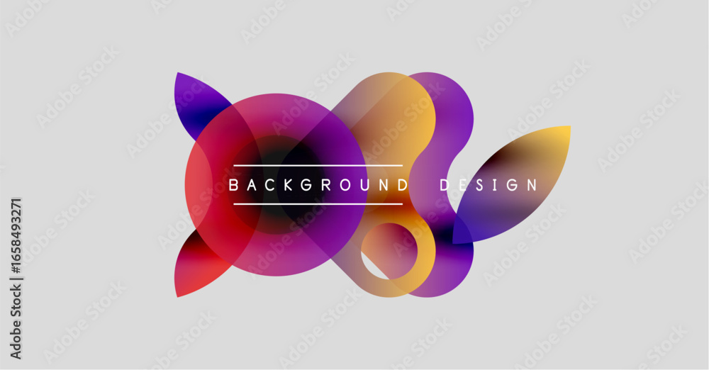 Poster abstract colorful shapes overlap, creating dynamic visual effect. gradient hues blend smoothly, form