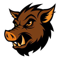 Fierce brown boar head with yellow eyes and tusks