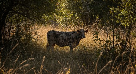 Naklejka premium Patterned Cow Standing in Golden Grassy Field with Soft Lighting