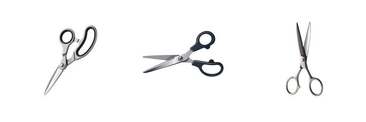 Three pairs of scissors with black handles isolated on a transparent background