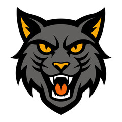 Fierce gray cat with yellow eyes and orange accents on black