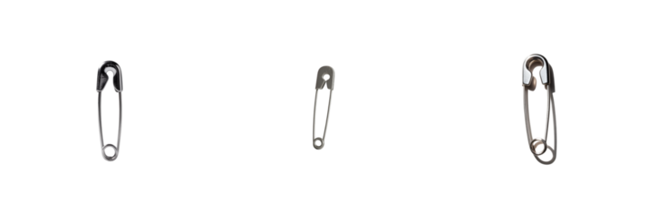 Three safety pins with metallic sheen isolated on a transparent background