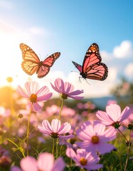Two butterflies in flight among pink cosmos flowers