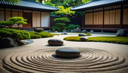 Tranquil Japanese Garden: A meticulously crafted Japanese garden featuring serene sand patterns, artfully arranged stones, and traditional wooden structures.