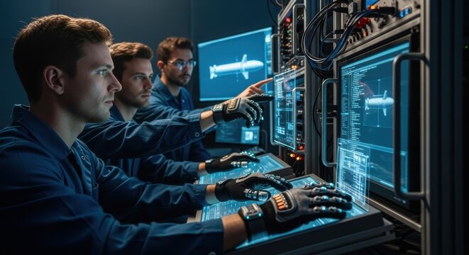 Engineers wearing sensor gloves programming flight control software on ballistic missile navigation hardware.