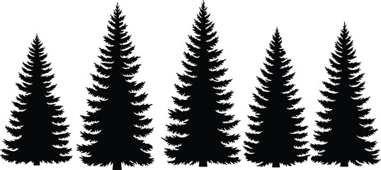 Vector pine tree silhouettes, black evergreen conifer trees, forest nature icons, row of tall trees, winter landscape vector, botanical illustration set