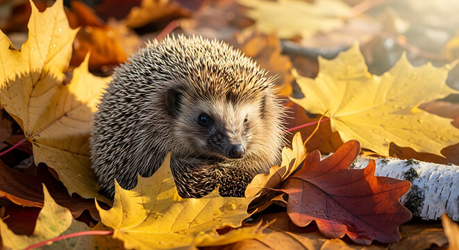A hedgehog nestled among colorful autumn leaves, basking in the sunlight. - Powered by Adobe