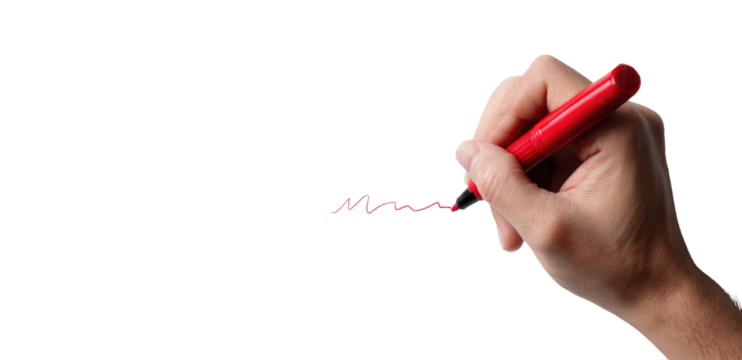 Hand holding red marker, writing a wavy line on a black background