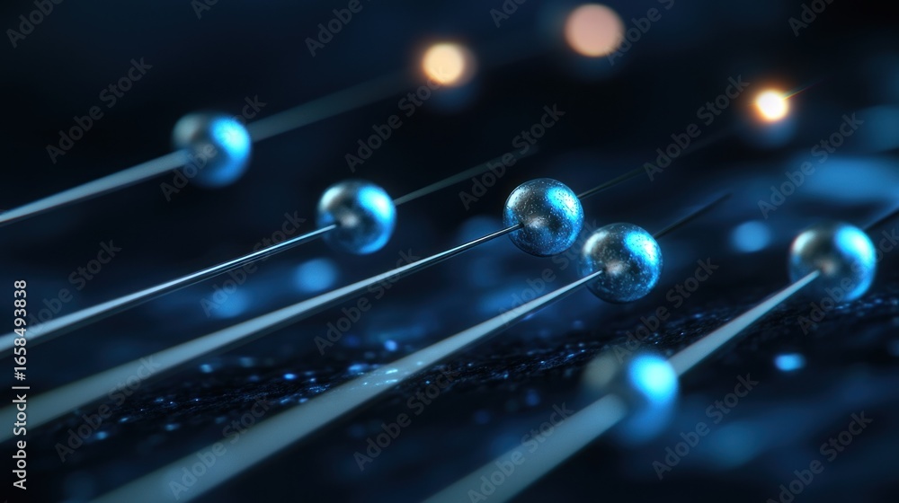 Poster Metallic spheres aligned on thin lines with bokeh lights