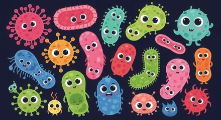 A vibrant collection of cute cartoon microbes with diverse shapes and friendly faces on a dark background