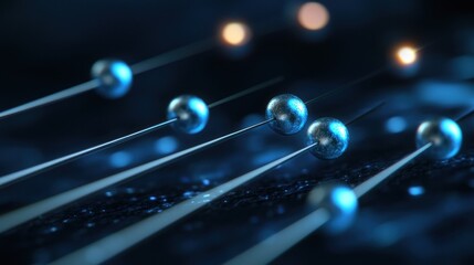 Metallic spheres aligned on thin lines with bokeh lights