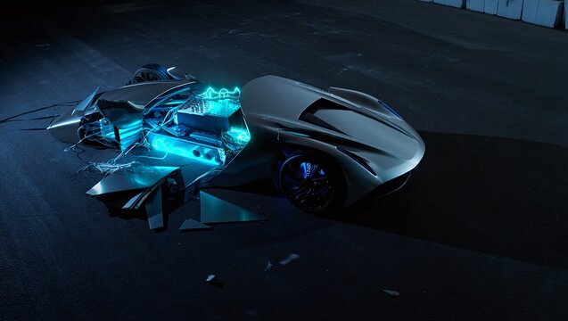 Futuristic Sports Car Prototype with Glowing Elements and Innovative Design on Dark Asphalt Surface showcasing Technology and Automotive Concept