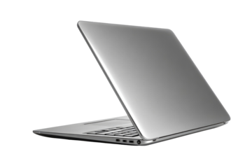 Silver laptop, open lid, back view