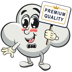 cute cloud cartoon mascot character vector illustration with a sign that says premium quality, work of hand drawn