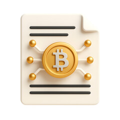 A 3D render illustrating a Bitcoin whitepaper concept, featuring a document with a prominent Bitcoin coin connected to a decentralized network, symbolizing blockchain technology 