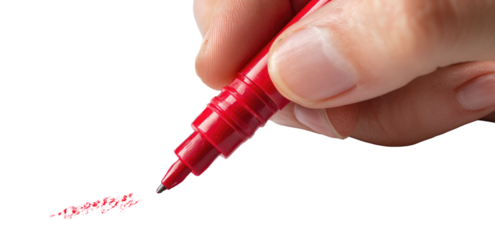 Close-up of a hand holding a red marker, writing on a dark surface.  A fine point marker is held in a hand, with red ink tracing a line