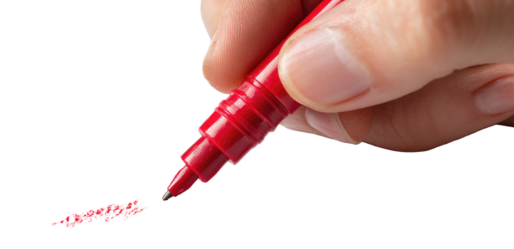 Close-up of a hand holding a red marker, writing on a dark surface. A fine point marker is held in a hand, with red ink tracing a line