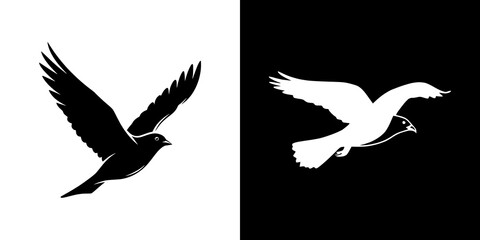 Obraz premium Dynamic black and white abstract illustration featuring graceful birds in soaring flight, symbolizing freedom, peace, and balance in a bold, contrasting design.